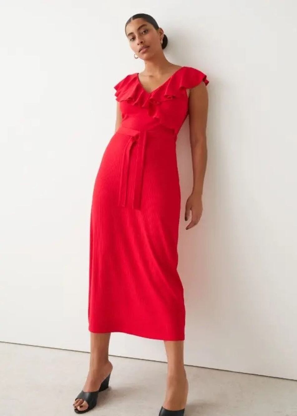 & OTHER STORIES Sleeveless Ruffle Midi Dress Womens Size Large Ribbed Holiday